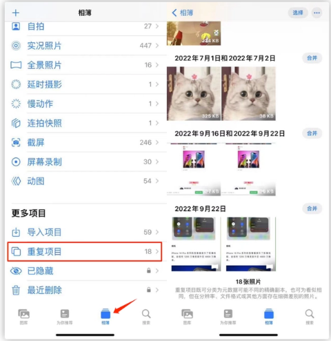渝中苹果手机维修分享iOS 16 中相册重复项目功能使用方法 