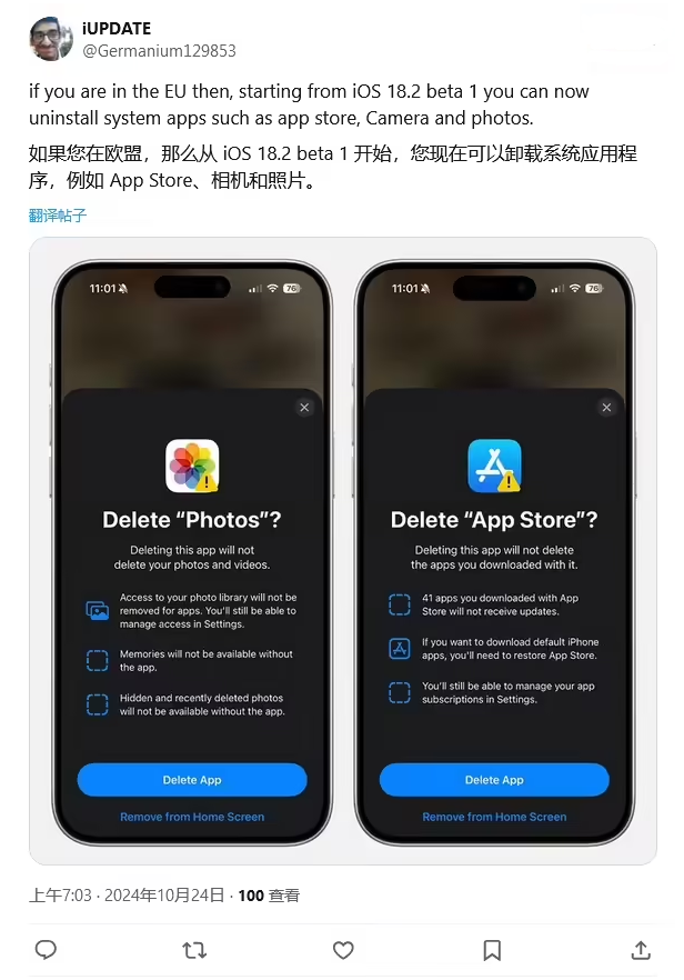 渝中苹果手机维修分享iOS 18.2 支持删除 App Store 应用商店 