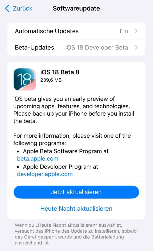 渝中苹果手机维修分享苹果 iOS / iPadOS 18 开发者预览版 Beta 8 发布 